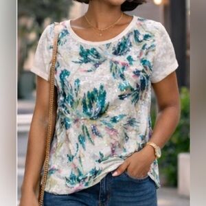 H&M White and Green Sequin Floral Top